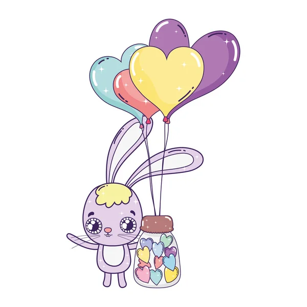 Lindo conejo con balones helio día de San Valentín — Vector de stock