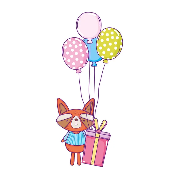 Lindo y pequeño mapache con globos y regalos — Vector de stock