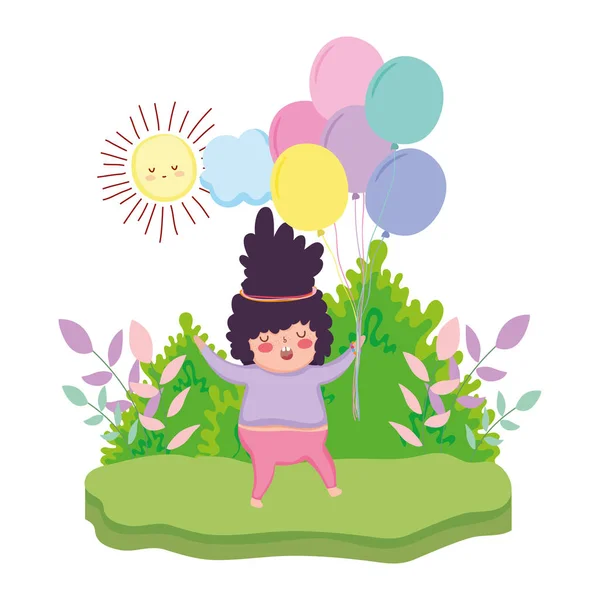 Petite fille joufflue avec des ballons air dans le paysage — Image vectorielle