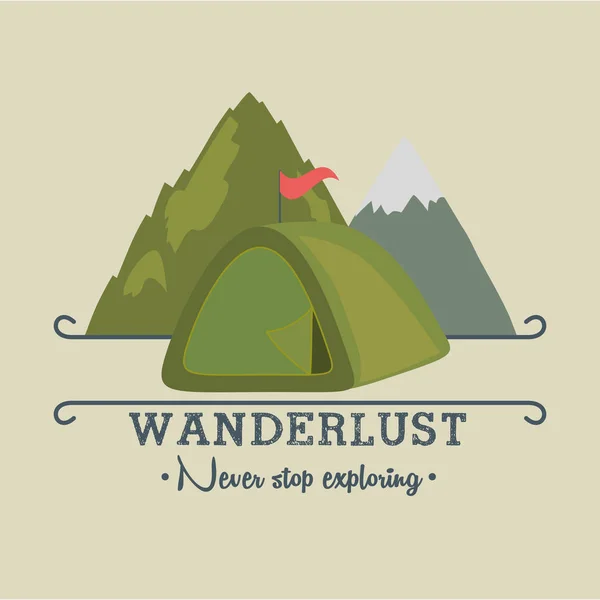 Wanderlust label with forest scene and camping tent — Stock Vector