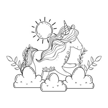 bulutlar ve güneş ile güzel küçük tek boynuzlu at