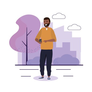 akıllı telefon iletişimi ve rahat giysiler ile adam