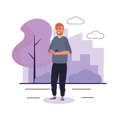 akıllı telefon ve çalılar bitkiler ile komik adam