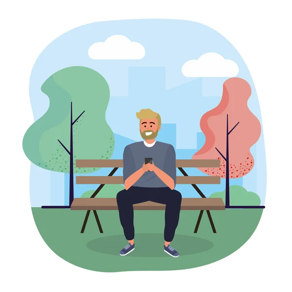 Pria duduk di kursi dengan teknologi smartphone - Stok Vektor