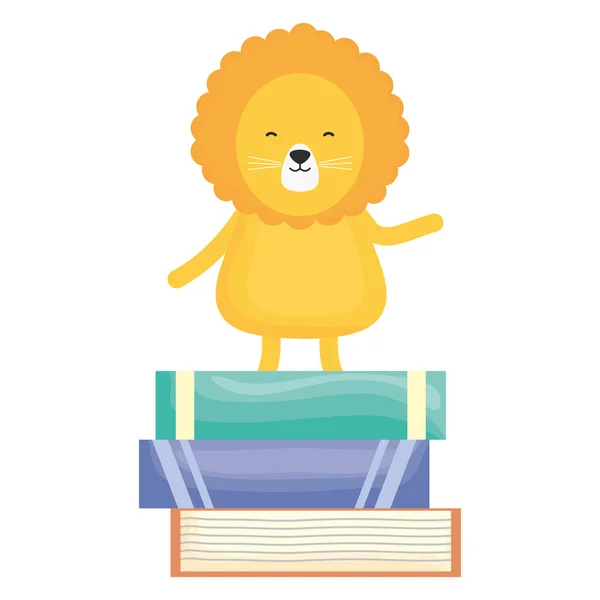 Милий лев з купою книг дитячий персонаж — стоковий вектор