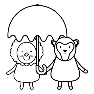 şemsiye çocuksu karakterler ile sevimli aslan ve maymun