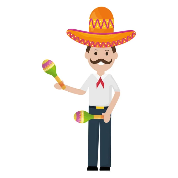 Meksykański człowiek z kapeluszem Mariachi i Marakas — Wektor stockowy