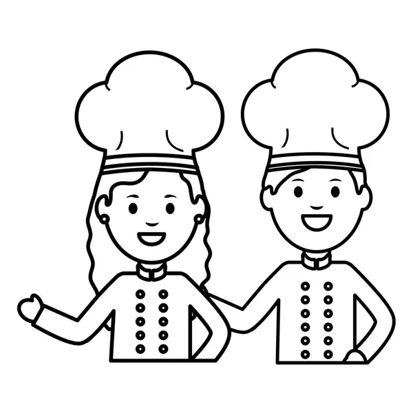 Jovem chef casal avatares personagens — Vetor de Stock