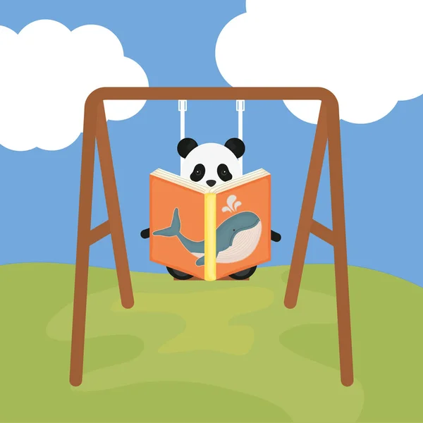 Милий ведмідь панда читає книгу кита в гойдалках — стоковий вектор