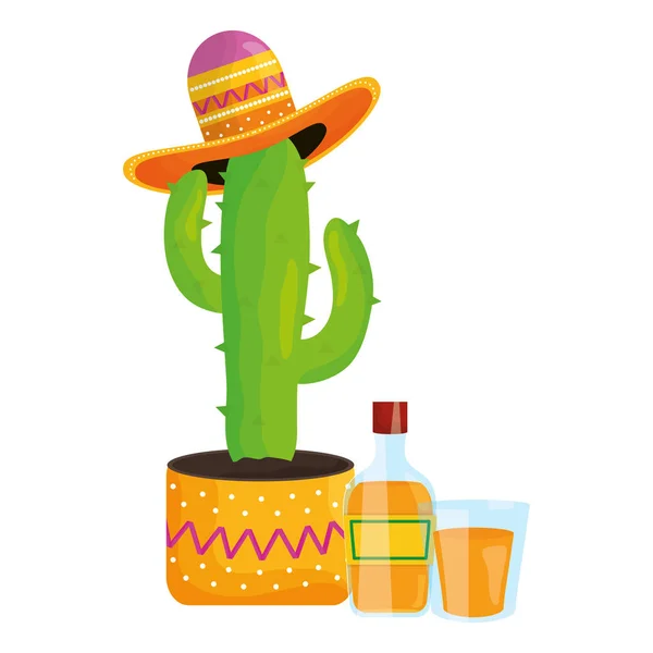 Kaktuspflanze mit mexikanischem Hut und Tequila — Stockvektor