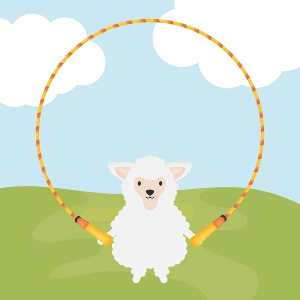 Lindo oveja jumpin cuerda infantil carácter — Vector de stock