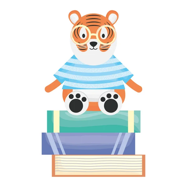 Милий тигр з книгами дитячий персонаж — стоковий вектор