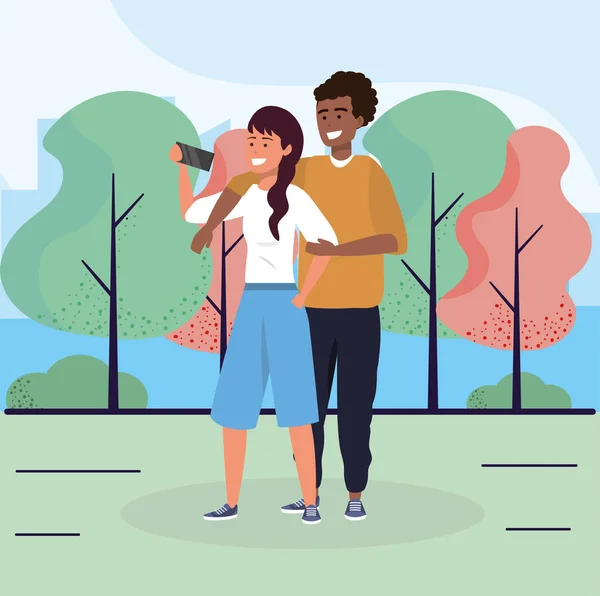Woman and man couple together with smartphone — Stock Vector