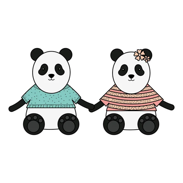 Cute bears pandas couple childish characters — Stock Vector