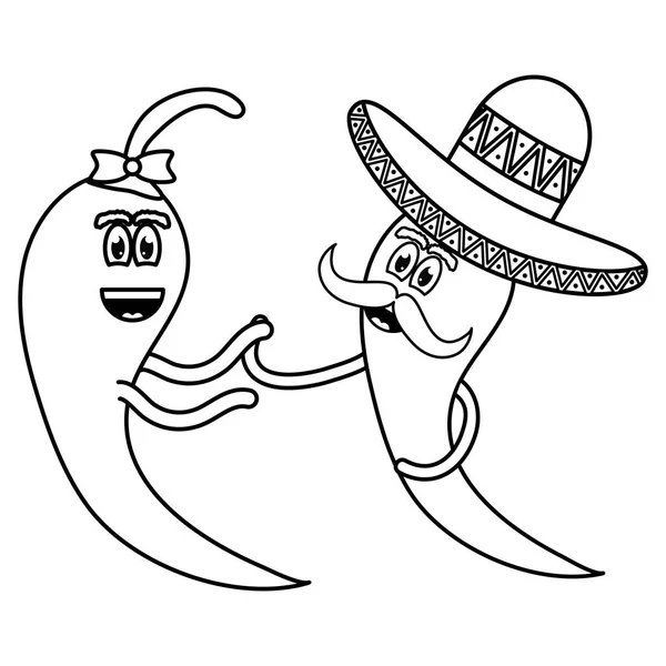Pimientos chile con personajes cómicos de sombrero mexicano — Vector de stock