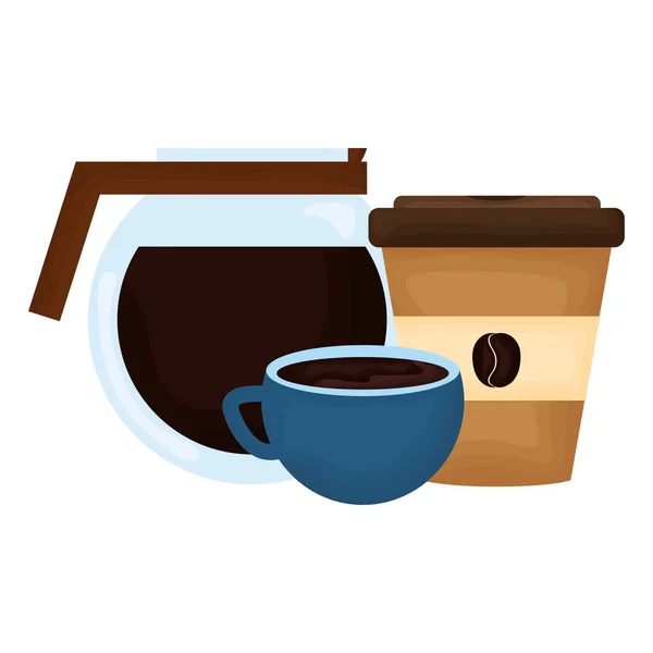 Delicioso café en taza y recipiente de plástico — Vector de stock