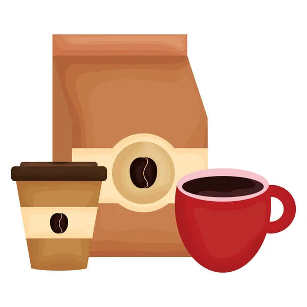 Producto de la bolsa de café con taza y contenedor de plástico — Vector de stock