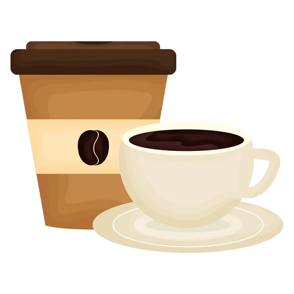 Delicioso café en taza y recipiente de plástico — Vector de stock