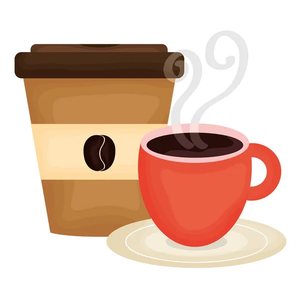 Délicieux café en tasse et récipient en plastique — Image vectorielle