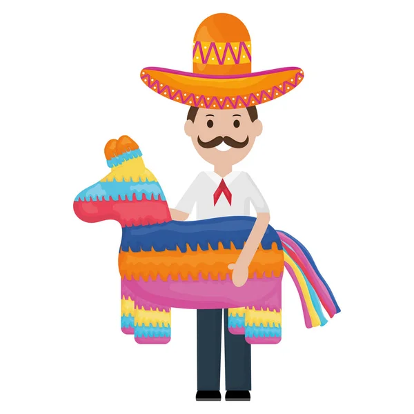 Mexikánský muž s Mariachi kloboukem a pinaty — Stockový vektor