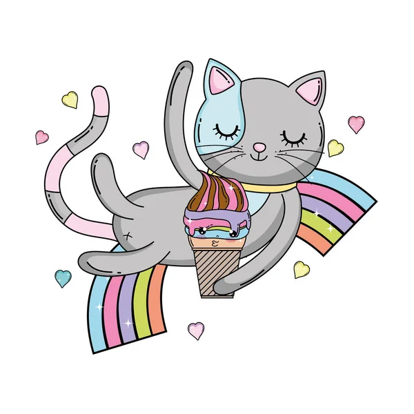 Niedliche Katze mit Eis in Regenbogen — Stockvektor