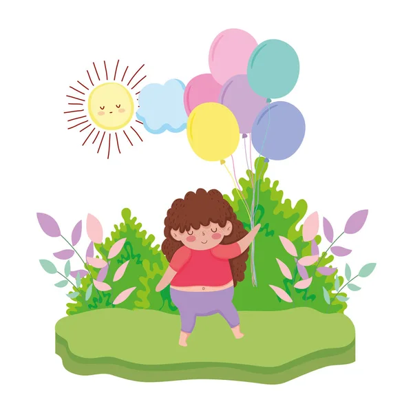 Niña gordita con globos de aire en el paisaje — Vector de stock