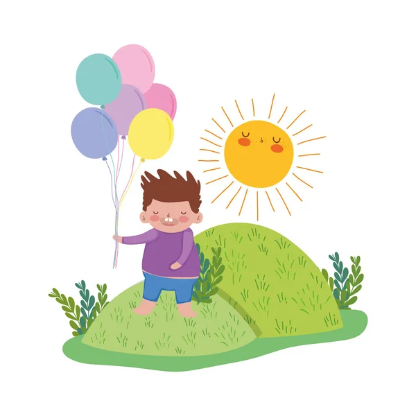 Petit garçon potelé avec des ballons hélium dans le paysage — Image vectorielle