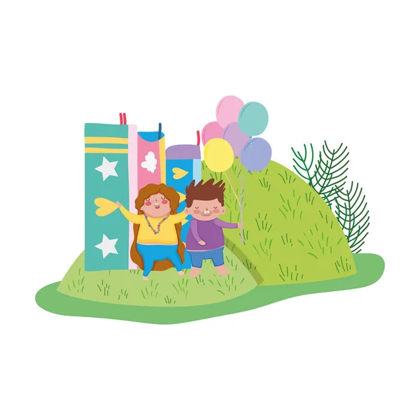 Couple potelé avec ballons hélium et des livres dans le domaine — Image vectorielle