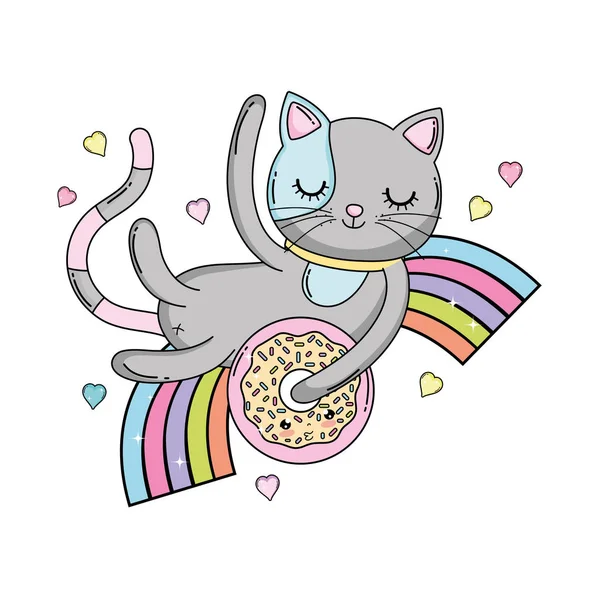 Niedliche Katze mit Donut in Regenbogen — Stockvektor