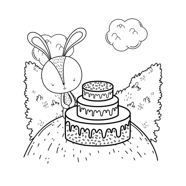 Roztomilý zajíček se sladkým dortem v krajině — Stockový vektor