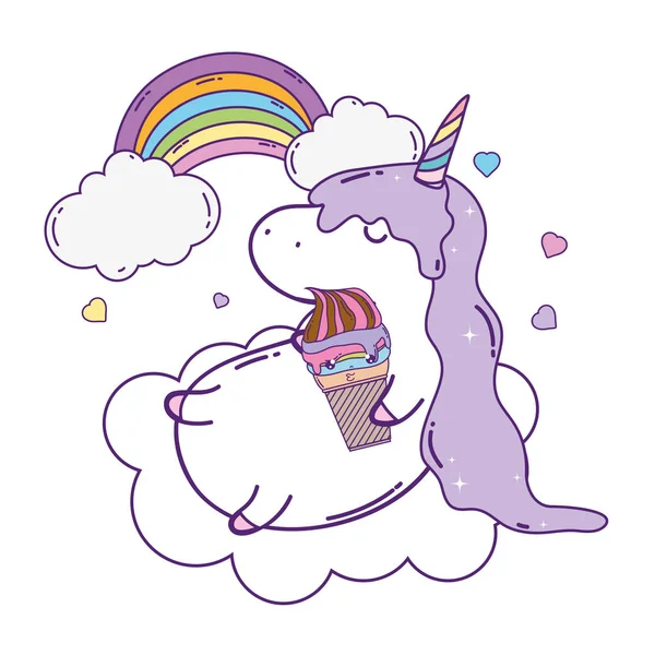 Unicorn lucu dengan awan dan kawaii pelangi - Stok Vektor