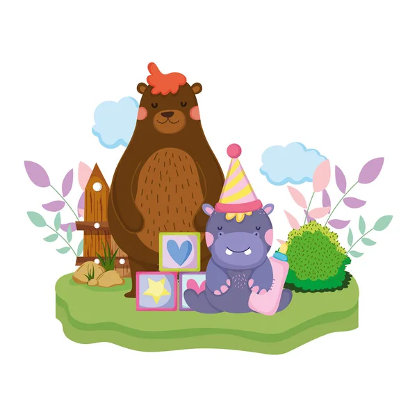 Lindo y pequeño personaje hipopótamo con sombrero de fiesta — Vector de stock