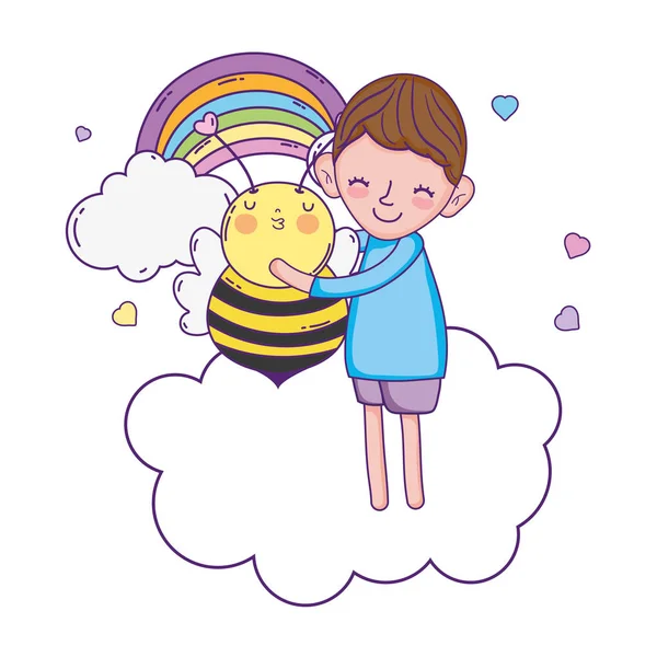 Little boy with bee kawaii character — Stock Vector