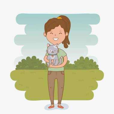 sevimli kedi maskot ile genç kadın