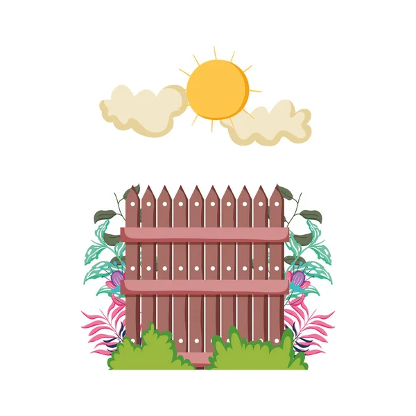 Wooden fence with garden flowers scene — Stock Vector