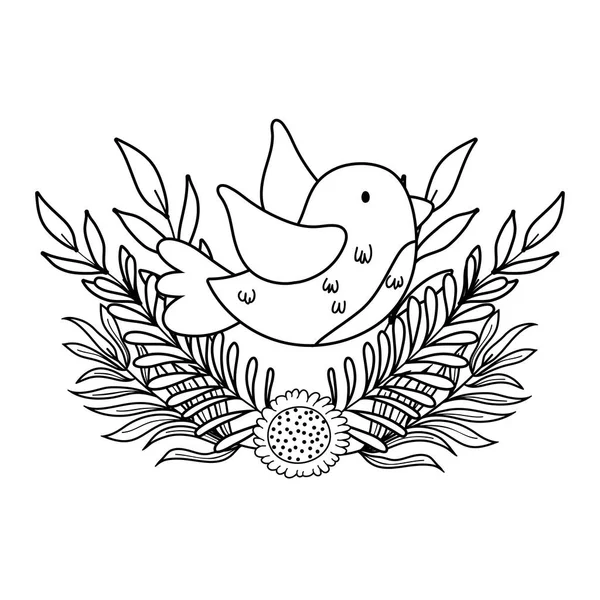 Lindo y pequeño pájaro volando con flores jardín — Archivo Imágenes Vectoriales