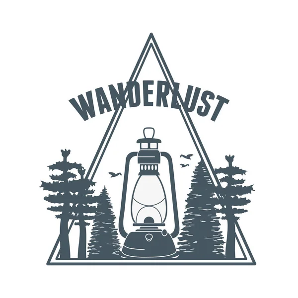 Etiqueta wanderlust con escena forestal y lámpara de queroseno — Vector de stock