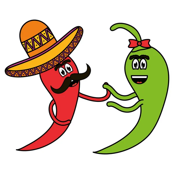 Chilischoten mit mexikanischem Hut Comic-Figuren — Stockvektor