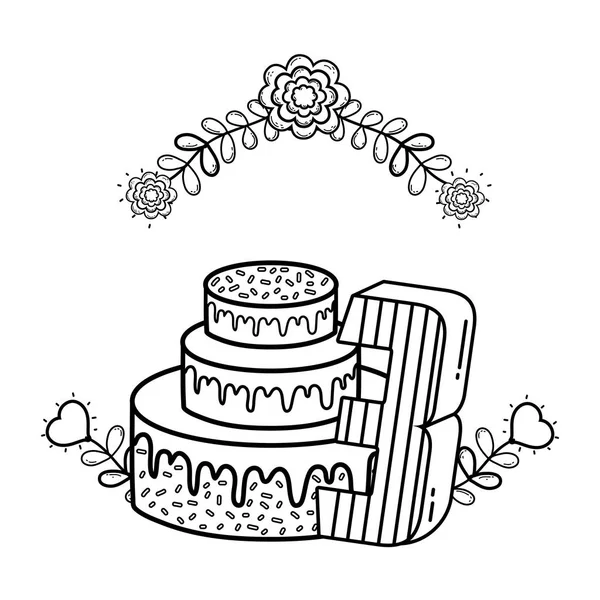 Торт с цветами и свечой номер три — стоковый вектор