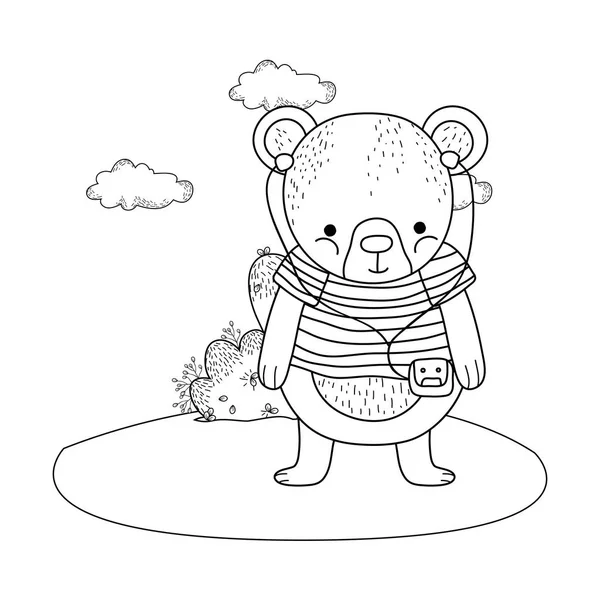 Niedlicher kleiner Bär mit Hemd und Walkman im Camp — Stockvektor