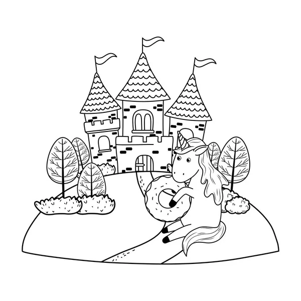 Lindo unicornio de cuento de hadas con castillo en el paisaje — Vector de stock