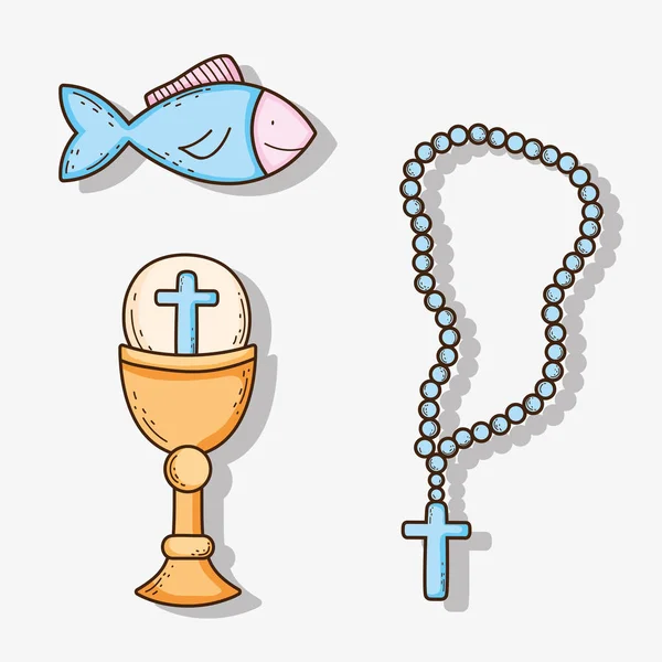 Set chaliz avec hôte et croix chapelet avec des poissons — Image vectorielle