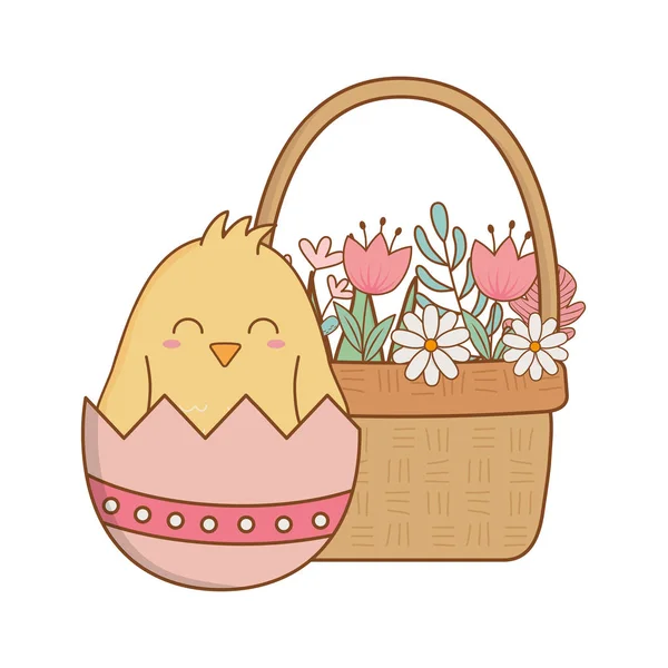 Kleines Küken mit Ei in Korb zerbrochen floralen Ostercharakter — Stockvektor