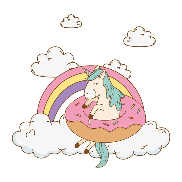 Söta saga unicorn i donut med regnbåge — Stock vektor