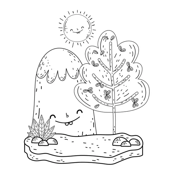 Montaña nieve y sol kawaii caracteres — Archivo Imágenes Vectoriales