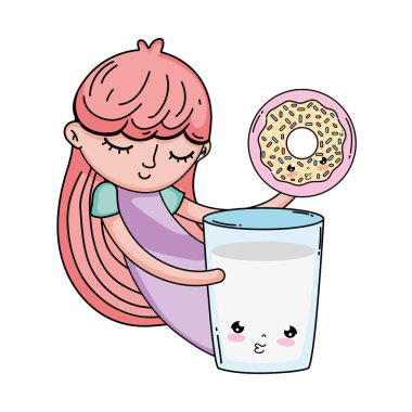 süt ve donut kawaii karakteri ile küçük kız
