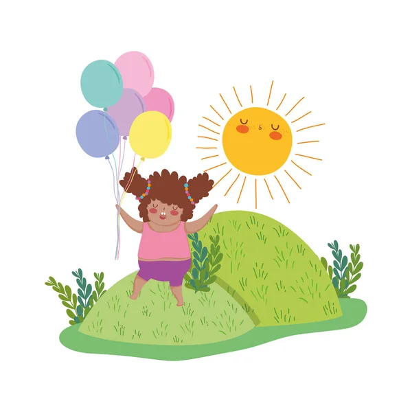 Niña gordita con globos de aire en el paisaje — Vector de stock