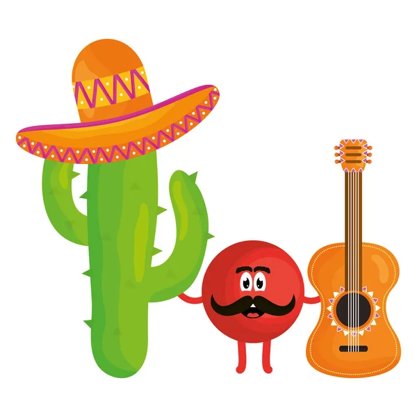 Cacto mexicano com chapéu e guitarra personagem cômico — Vetor de Stock