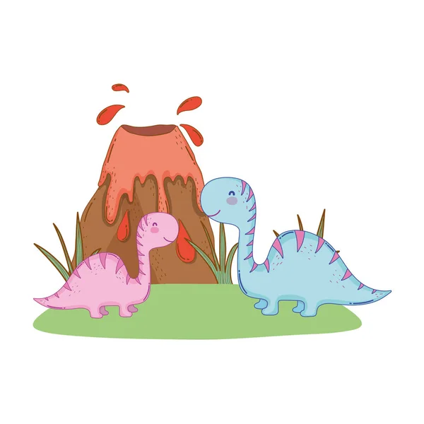 Mignon couple apatosaurus avec volcan — Image vectorielle