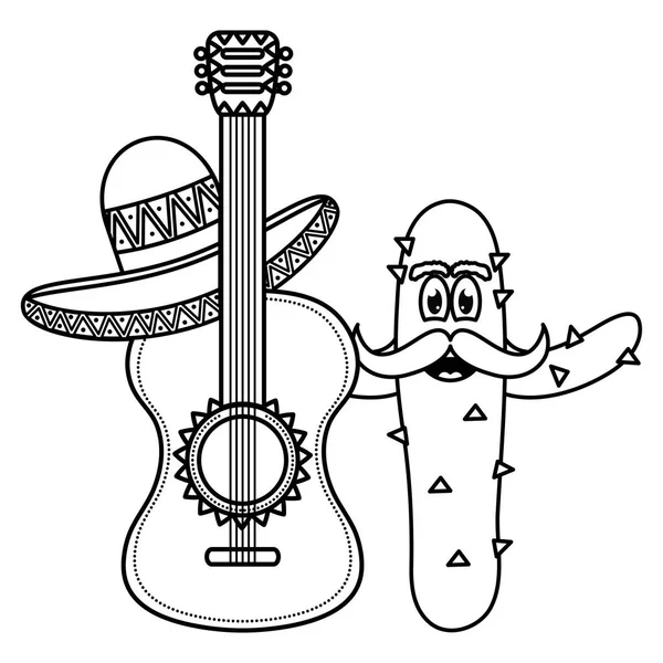 Meksykański Kaktus z kapeluszem i gitarą komiksowy charakter — Wektor stockowy